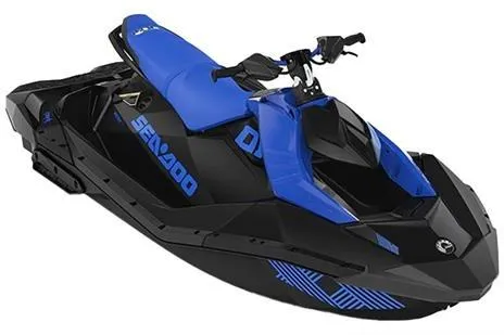 Slide: The Image of 2023 Sea-Doo Spark Trixx 3up in blue and black, showcasing sleek design and advanced features. - 3