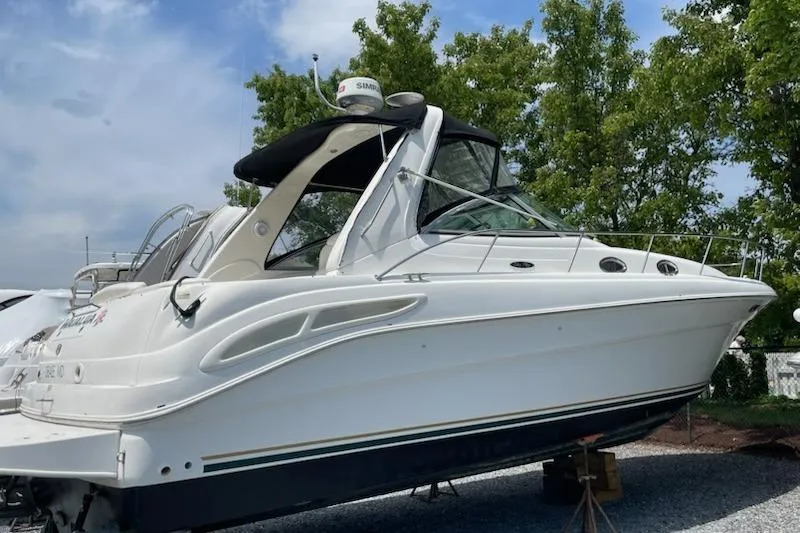 The Image of 2000 Sea Ray 290 Sundancer boat on display, surrounded by trees and sky. - 0