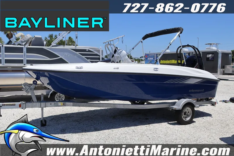 The Image of 2026 Bayliner Element E18 boat on trailer at Antonietti Marine dealership. - 1