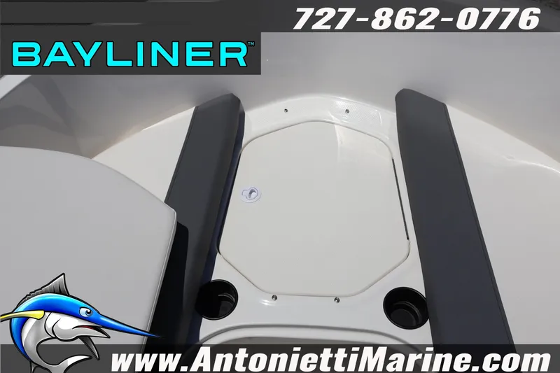Slide: The Image of Bayliner Element E18 boat interior, 2026 model, featuring seating and storage area. - 11