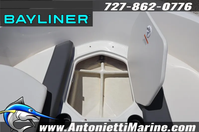 Slide: The Image of 2026 Bayliner Element E18 boat storage compartment, open hatch, Antonietti Marine branding. - 12