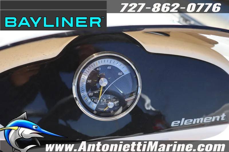 Slide: The Image of Dashboard of 2026 Bayliner Element E18 boat with speedometer and branding. - 16