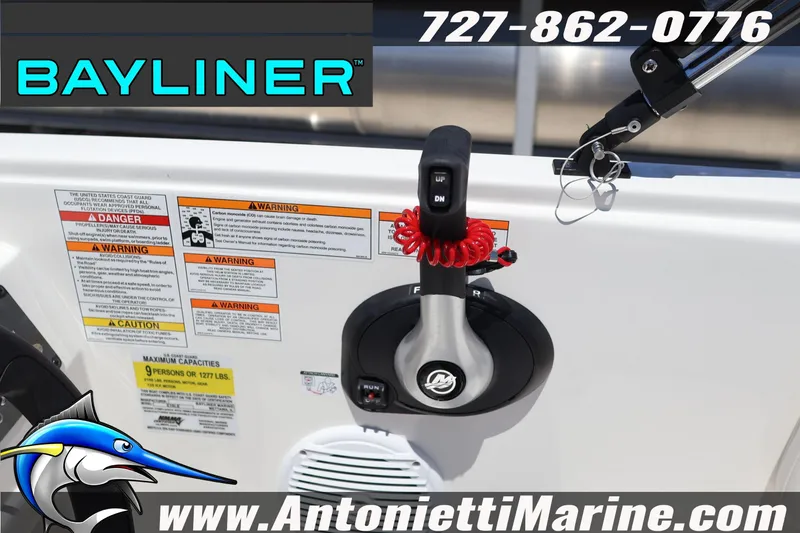 Slide: The Image of Bayliner Element E18 2026 boat controls with safety warnings and contact information. - 17