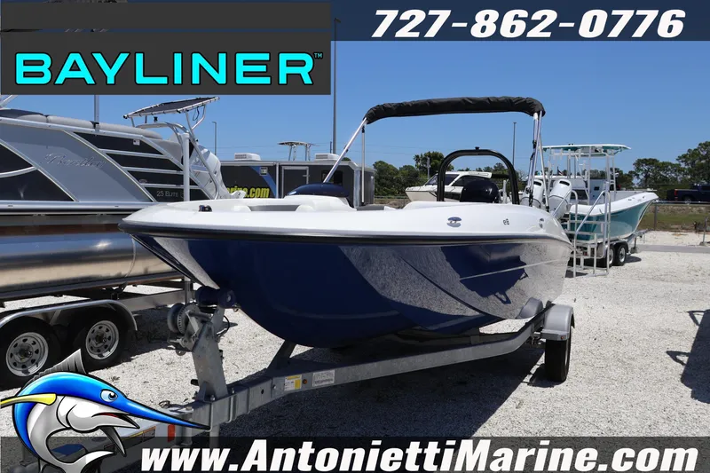 Slide: The Image of 2026 Bayliner Element E18 boat on trailer at Antonietti Marine dealership. - 2