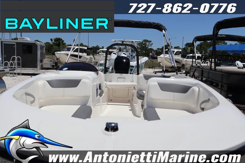Slide: The Image of 2026 Bayliner Element E18 boat displayed at Antonietti Marine dealership. - 3