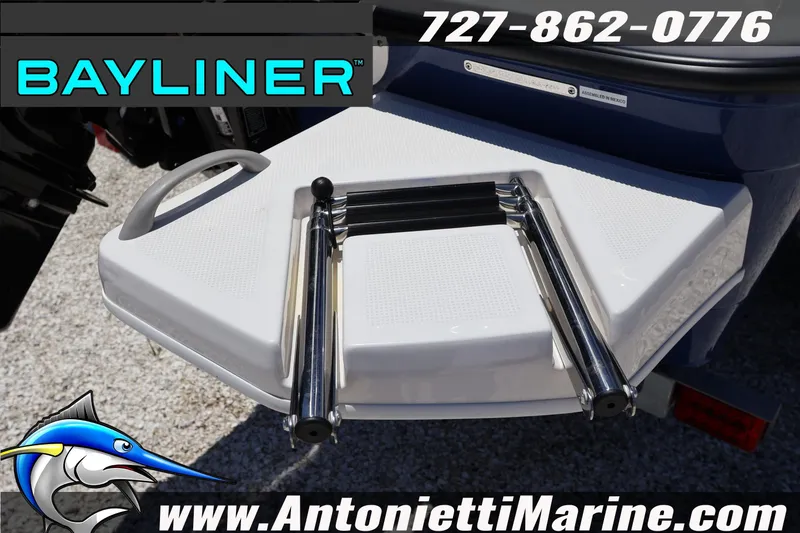 Slide: The Image of 2026 Bayliner Element E18 boat swim platform with ladder, Antonietti Marine branding. - 6