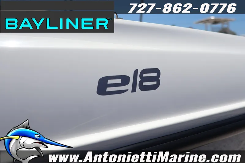 Slide: The Image of 2026 Bayliner Element E18 boat with logo and contact details for Antonietti Marine. - 7