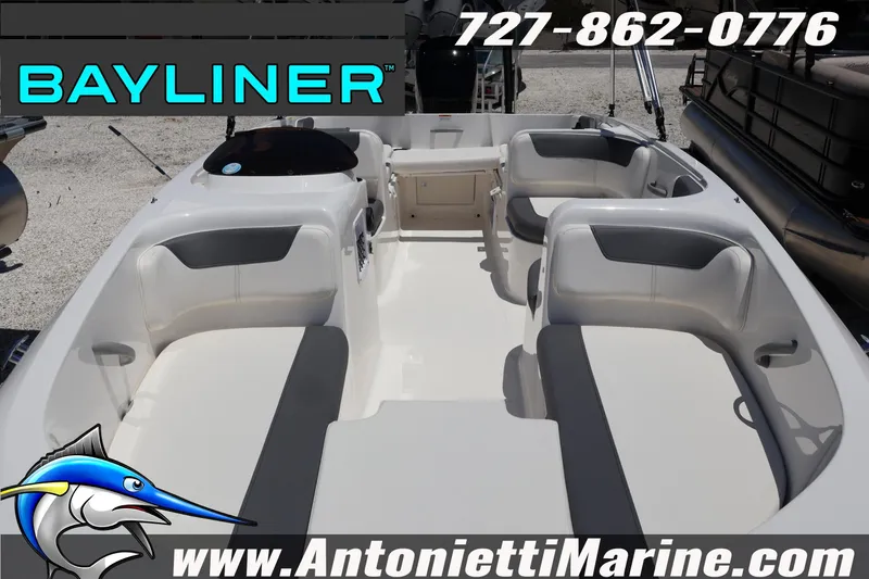 Slide: The Image of 2026 Bayliner Element E18 boat interior with seating, displayed at Antonietti Marine. - 8