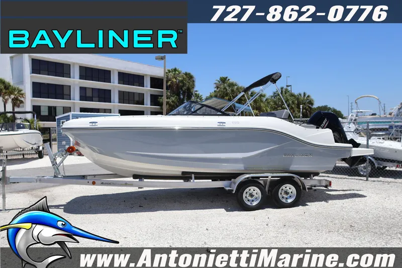 The Image of 2026 Bayliner D20 boat on trailer at Antonietti Marine dealership. - 1