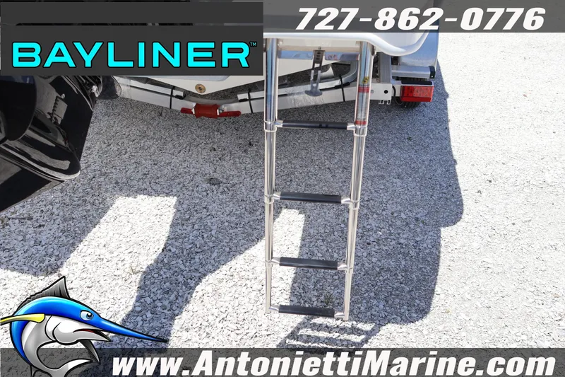 Slide: The Image of Bayliner D20 2026 boat ladder and trailer, Antonietti Marine contact details visible. - 11