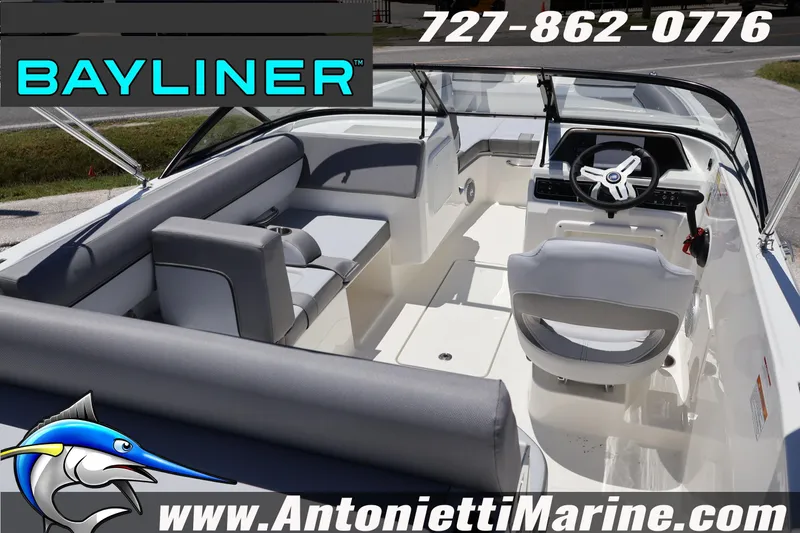 Slide: The Image of 2026 Bayliner D20 boat interior with seating and steering wheel, displayed by Antonietti Marine. - 12