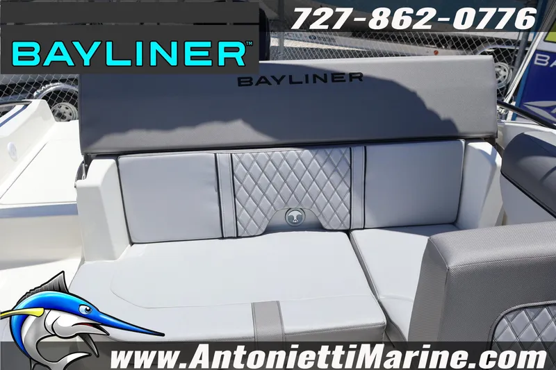 Slide: The Image of 2026 Bayliner D20 boat seating with logo, contact number, and Antonietti Marine branding. - 17