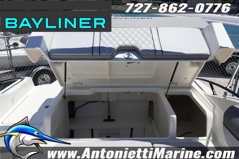 Slide: The Image of 2026 Bayliner D20 boat storage compartment open at Antonietti Marine. - 18