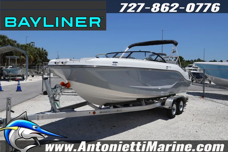 Slide: The Image of 2026 Bayliner D20 boat on trailer at Antonietti Marine dealership. - 2