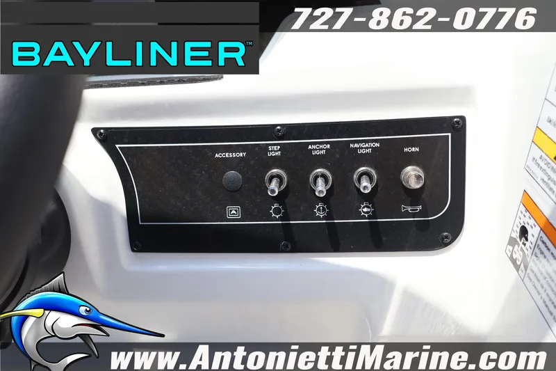 Slide: The Image of Control panel of 2026 Bayliner D20 boat with accessory and light switches. - 22