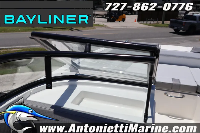 Slide: The Image of 2026 Bayliner D20 boat windshield and seating, Antonietti Marine contact details visible. - 25