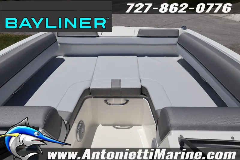 Slide: The Image of Bayliner D20 2026 boat interior with gray seating, Antonietti Marine branding. - 26