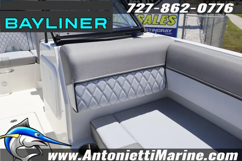 Slide: The Image of Bayliner D20 2026 boat interior with gray seating, Antonietti Marine branding, and contact information. - 27