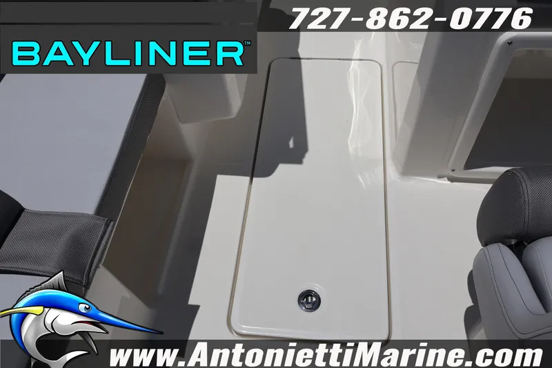 Slide: The Image of 2026 Bayliner D20 boat interior with seating, logo, and contact information for Antonietti Marine. - 32