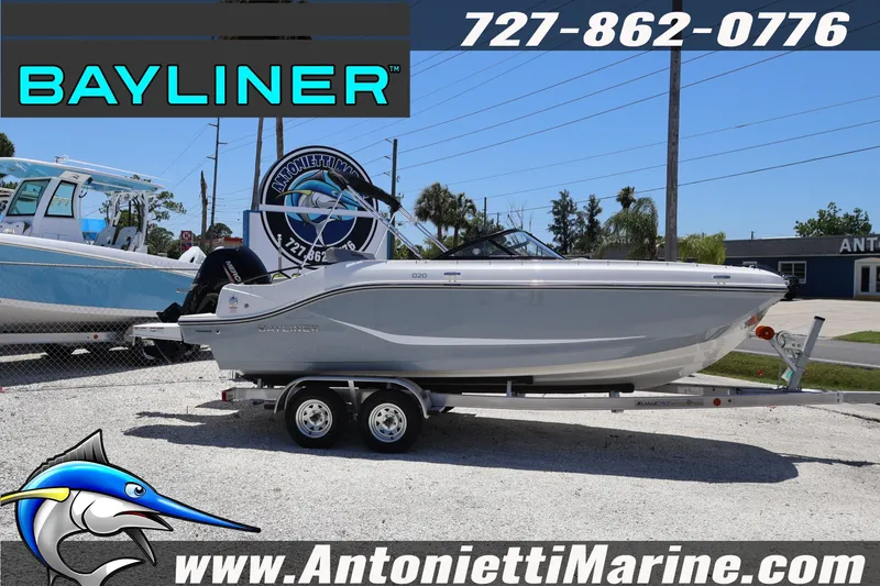Slide: The Image of 2026 Bayliner D20 boat on trailer at Antonietti Marine dealership. - 5