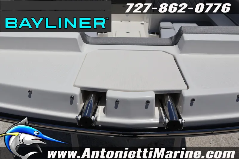 Slide: The Image of Bayliner D20 2026 boat stern view with contact details and logo. - 8