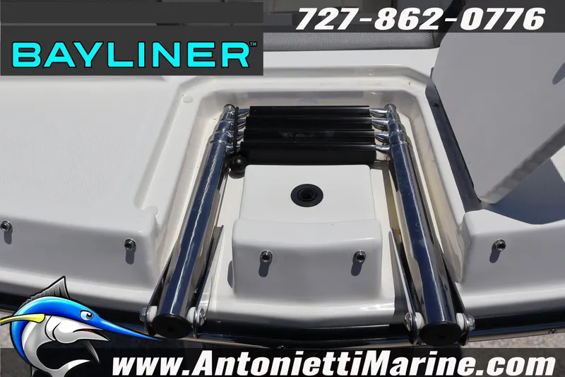 Slide: The Image of Bayliner D20 2026 boat ladder detail with contact information and logo. - 9