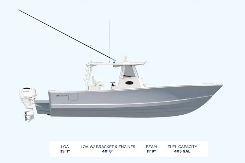 The Image of 2027 Regulator 35 boat, side view, Yamaha engine, 40'8" length, 11'9" beam, 405-gallon fuel capacity. - 0
