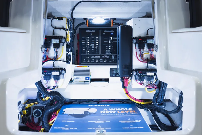 Slide: The Image of Electrical system of a 2027 Regulator 35 boat, featuring advanced wiring and components. - 16
