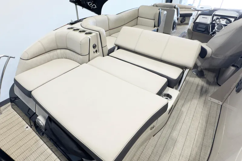 Slide: The Image of 2017 Harris Crowne 250 boat interior with luxurious seating and modern design. - 6