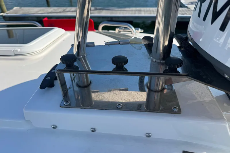 Slide: The Image of Close-up of 2026 Ranger Tugs R-25 boat deck hardware and fittings. - 13
