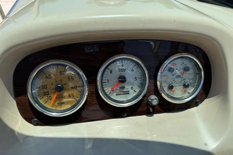 Slide: The Image of Dashboard gauges of a 2006 Chaparral 256 SSi boat, featuring speedometer and RPM indicators. - 22