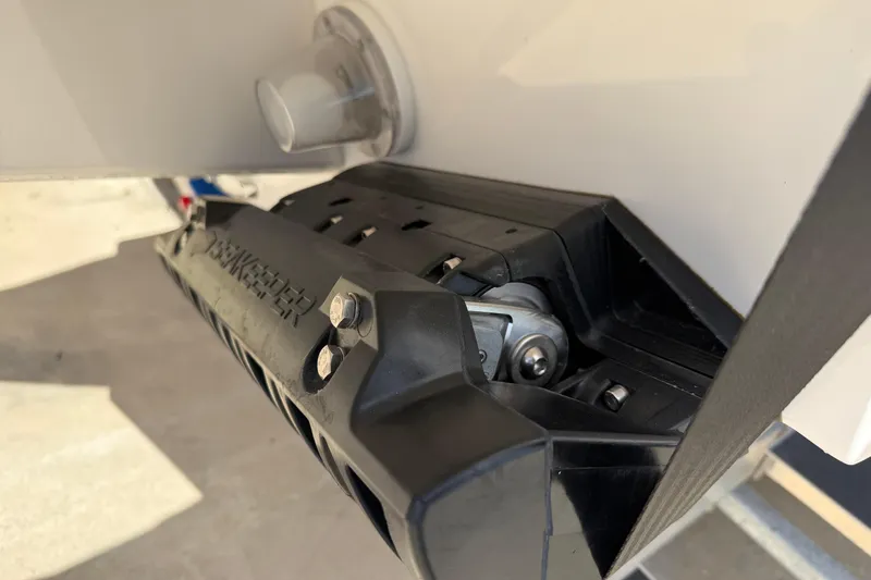 Slide: The Image of Close-up of a 2026 Bluewater Sportfishing 25T boat component, showcasing detailed hardware. - 8