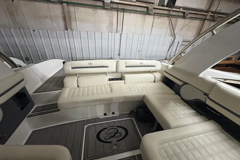 Slide: The Image of Luxurious interior of a 2021 Cobalt R30 boat with plush seating. - 11