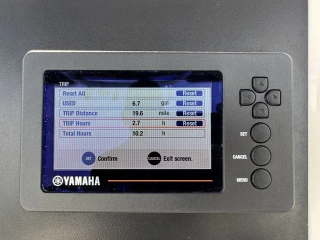 Slide: The Image of Yamaha display on 2022 Robalo R222 Explorer showing fuel usage and trip data. - 26