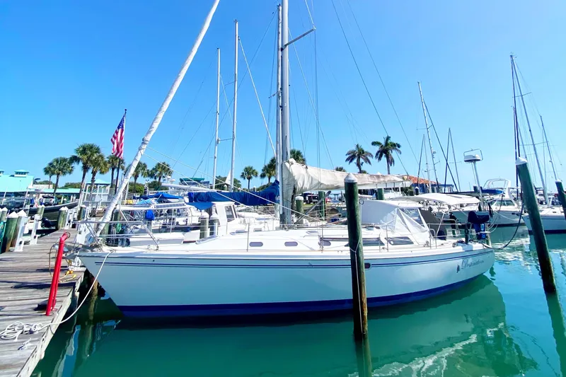 The Image of 2004 Catalina 42 MkII sailboat docked in a sunny marina with palm trees. - 0