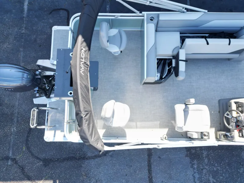 Slide: The Image of Aerial view of Avalon Venture 85 Quad Fish boat, model year 2026. - 7