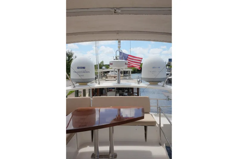 Slide: The Image of Flybridge view of 2016 Prestige 500 yacht with American flag and satellite domes. - 69