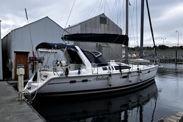 The Image of Sailboat docked at marina, 1996 Hunter 430 model, overcast sky. - 0