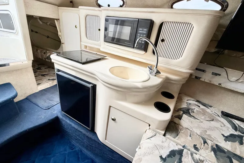 Slide: The Image of 1999 Sea Ray Sundancer 260 cabin interior with kitchenette, featuring sink, microwave, and compact fridge. - 16