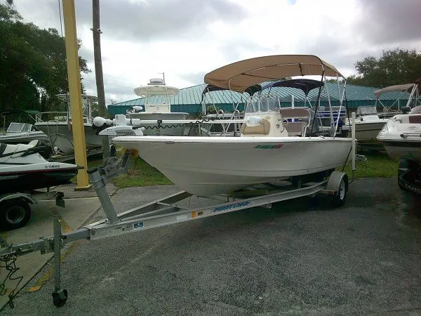 Slide: The Image of 2016 Tidewater 1910 Bay Max boat on trailer outdoors. - 3