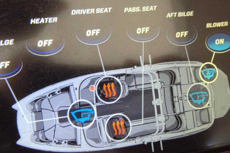 Slide: The Image of Dashboard controls of a 2019 MasterCraft XT23 boat, showing seat heaters and blower settings. - 18