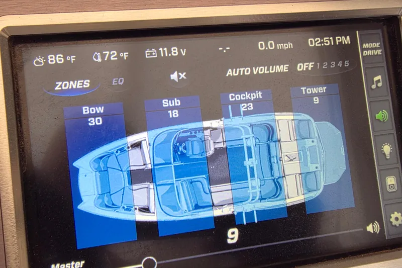 Slide: The Image of Touchscreen display of a 2019 MasterCraft XT23 boat showing audio zones and settings. - 19