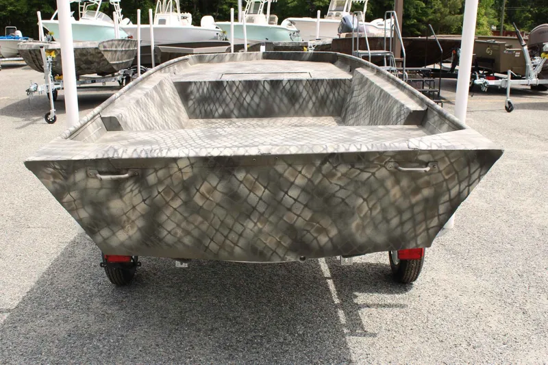 Slide: The Image of 2026 WeldBilt 1552V boat on trailer, gray camouflage pattern. - 4