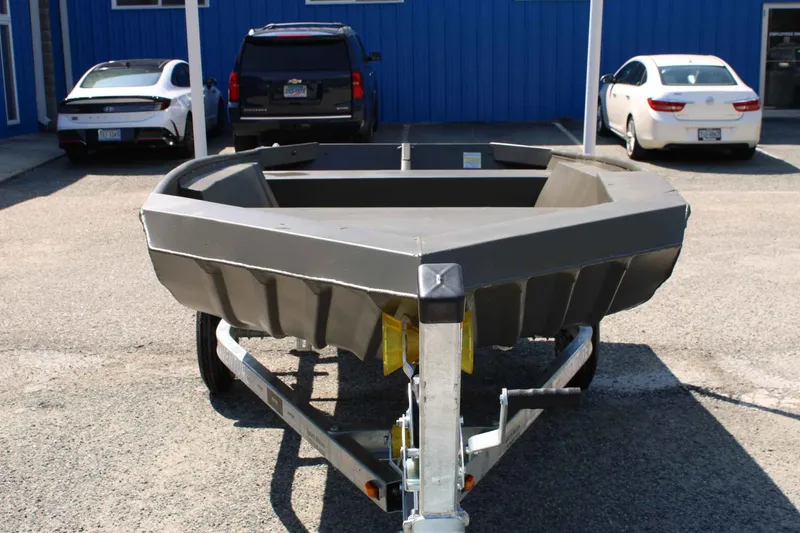 Slide: The Image of 2026 WeldBilt 1448V aluminum boat on trailer, parking lot view. - 8