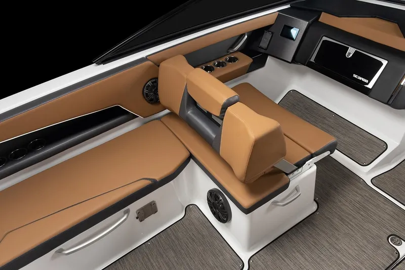 Slide: The Image of Interior of 2021 Scarab 285 ID with brown leather seating. - 23