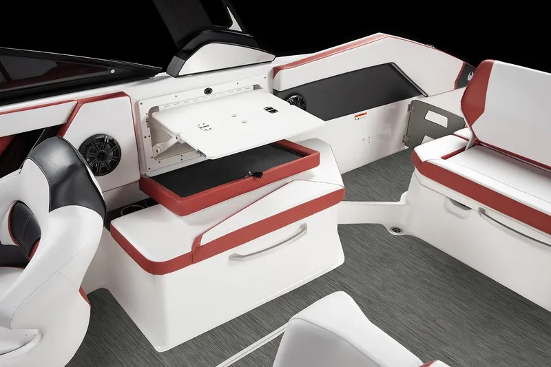 Slide: The Image of Interior of 2021 Scarab 285 ID with red and white seating. - 26