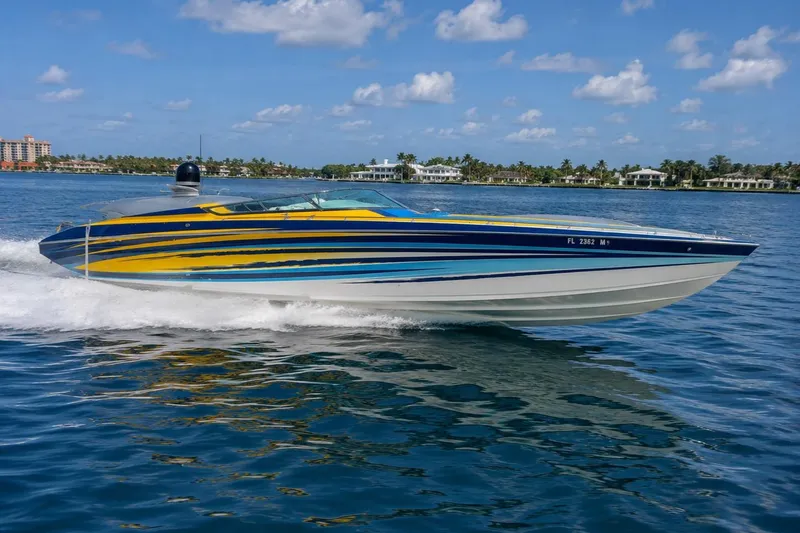 The Image of 2006 Formula 382 FASTech speedboat cruising on blue water under a clear sky. - 0