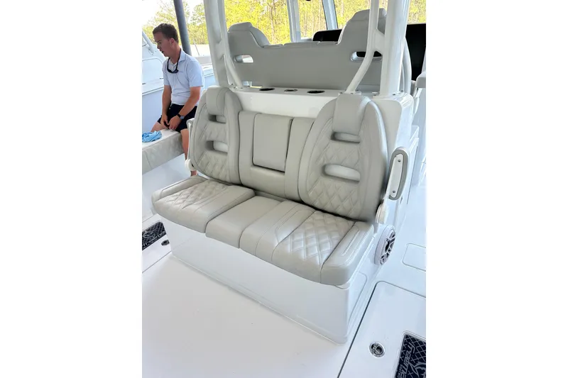 Slide: The Image of Luxurious seating on a 2025 Freeman 35 boat, featuring quilted leather upholstery. - 6