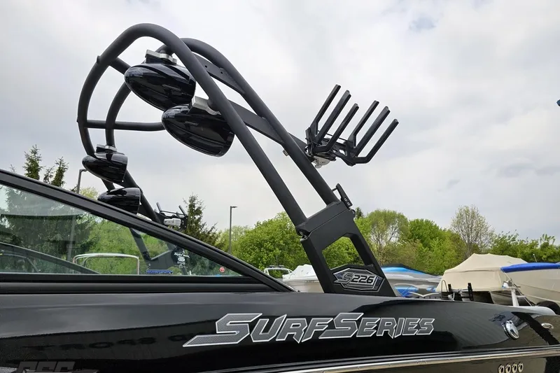 Slide: The Image of 2018 Supreme S226 Surf Series boat with wakeboard tower and speakers. - 27