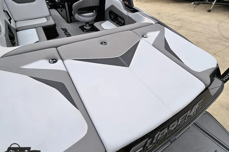 Slide: The Image of 2018 Supreme S226 boat interior with sleek gray and white upholstery design. - 38